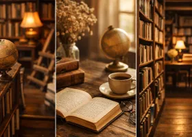 Inspirativni enterijer knjižare sa policama knjiga i toplom atmosferom