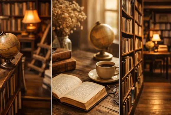 Inspirativni enterijer knjižare sa policama knjiga i toplom atmosferom